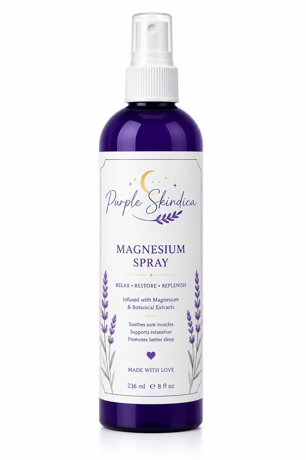 Purple Skindica Magnesium Spray in premium bottle for sore muscles and daily skincare.
