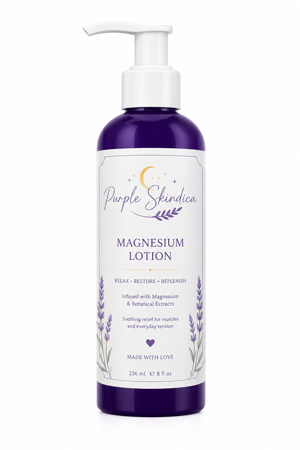 Purple Skindica Magnesium Lotion in premium bottle for sore muscles and daily skincare.